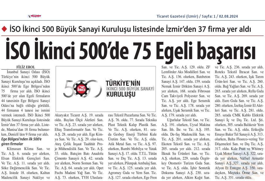 İSO İkinci 500’de 75 Egeli başarısı